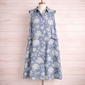 Vintage Lagenlook Linen Blend Floral Button Front Sleeveless Shirt Dress Blue XL